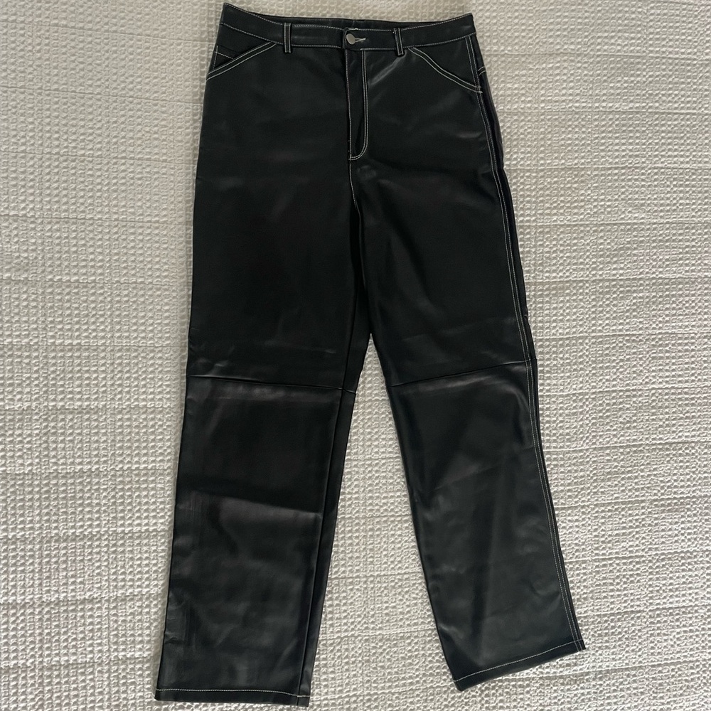Dynamite Jet Black Faux Leather Straight Pants with Contrast Stitch